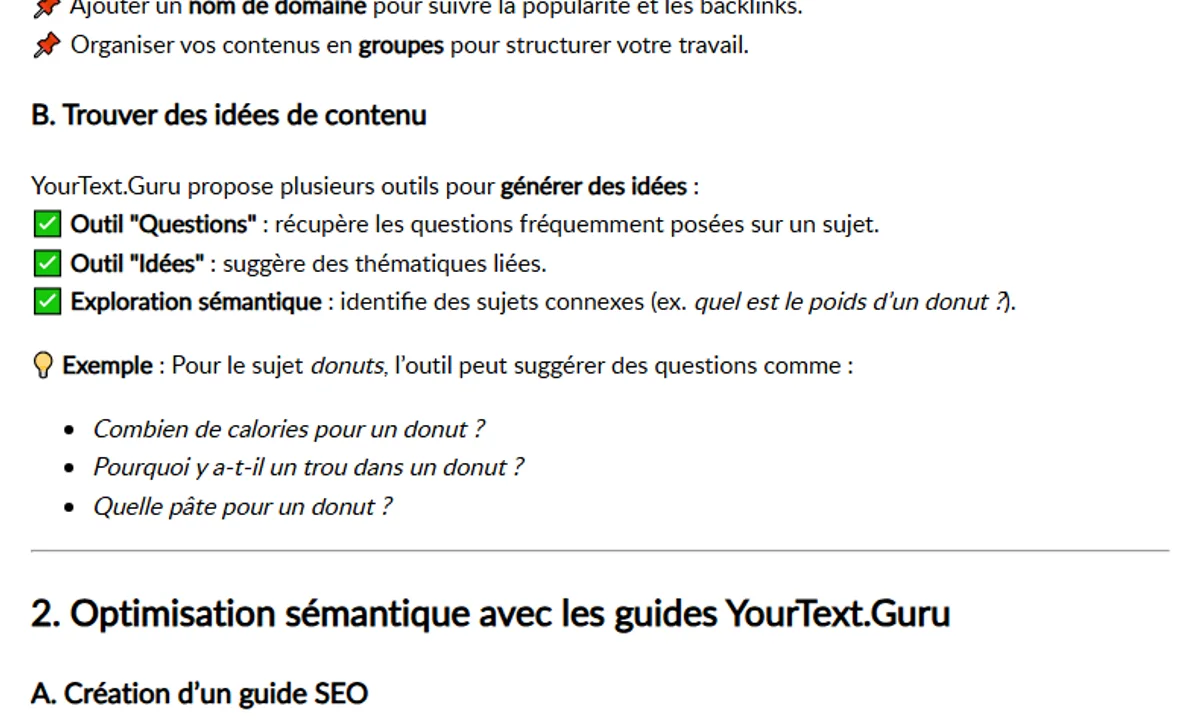 Public YourTextGuru preview showing SEO guide creation