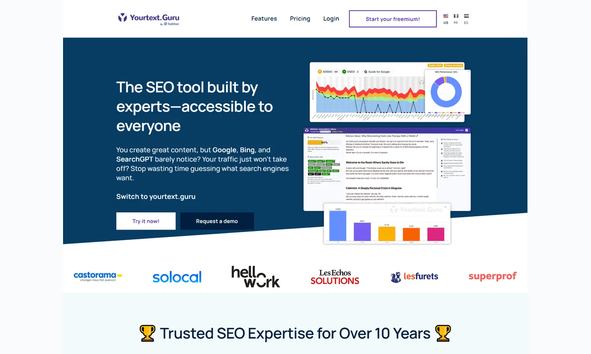 Public YourTextGuru page presenting the SEO tool