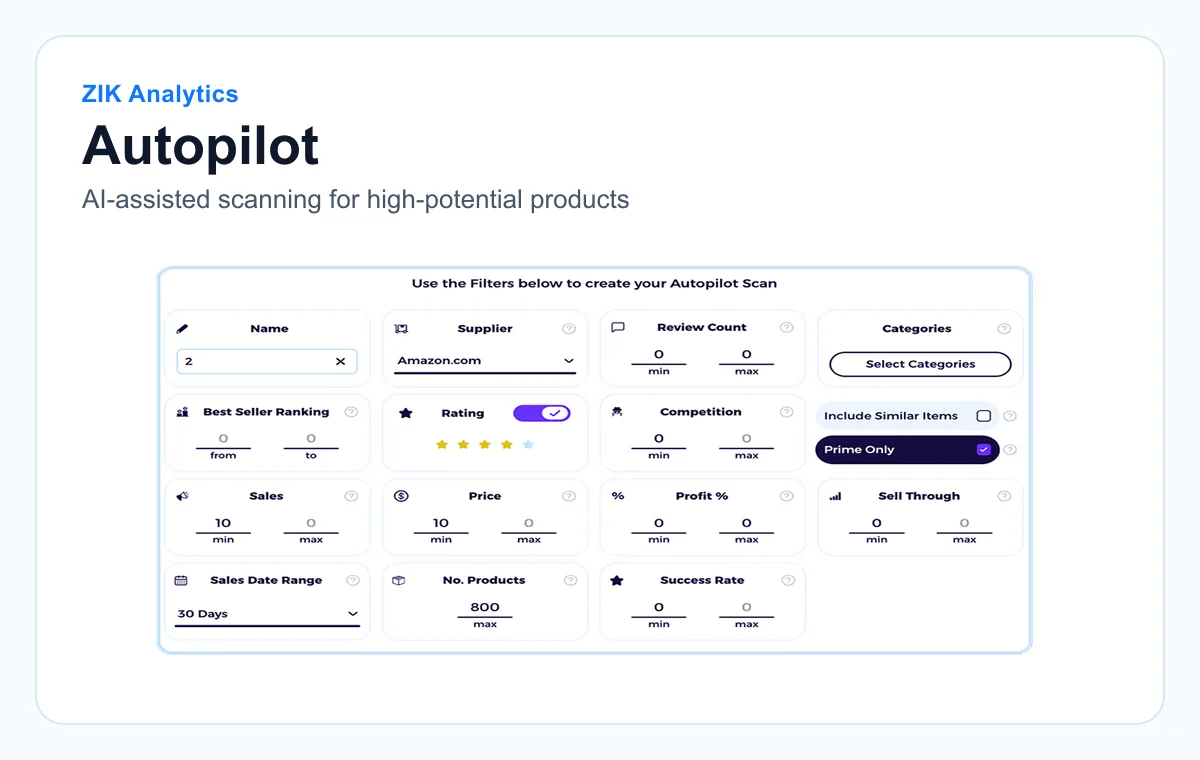 Public ZIK Analytics preview showing Autopilot and product research filters