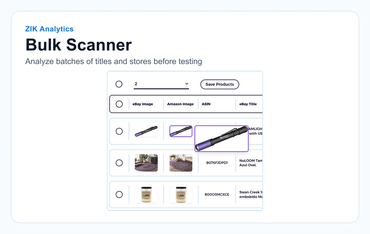 Public ZIK Analytics preview showing Bulk Scanner with a product table