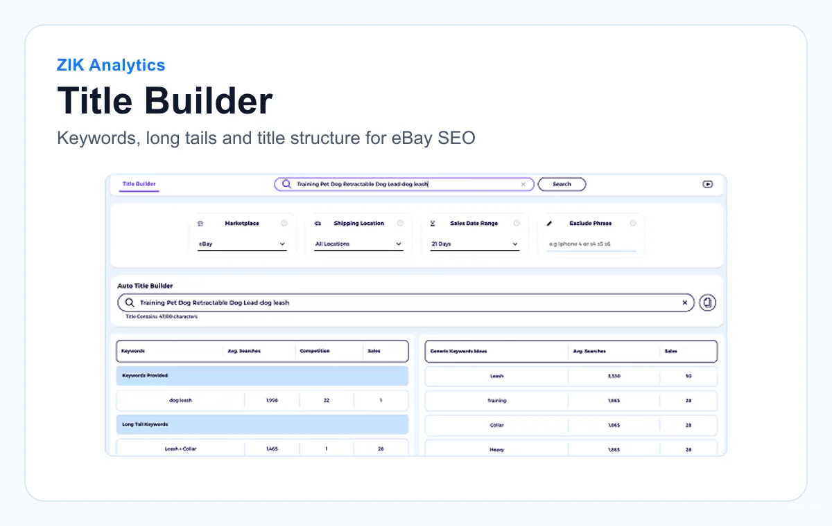 Public ZIK Analytics preview showing Title Builder and eBay keyword ideas