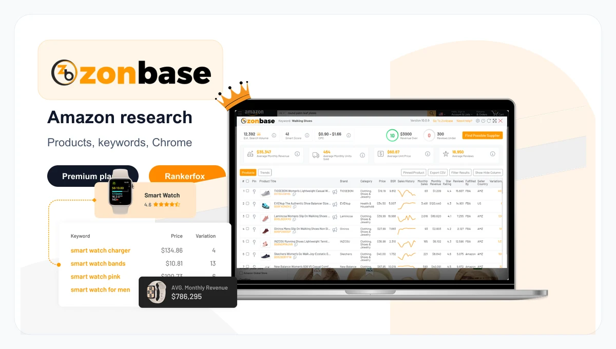 ZonBase composition showing the logo, product research, and an Amazon product table