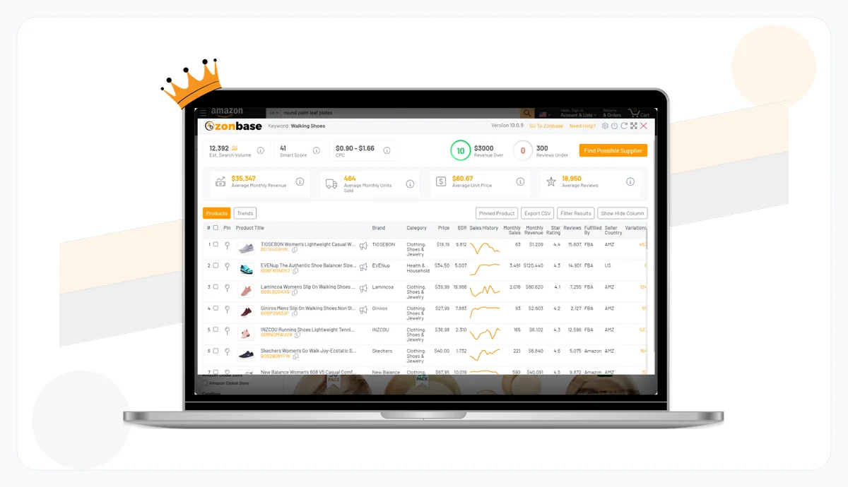 Public ZonBase preview showing an Amazon product table inside the interface